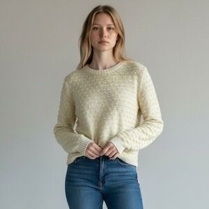 Popcorn Knit‎ Sweater Womens Small Cream Yellow Back Zip High Low Pullover